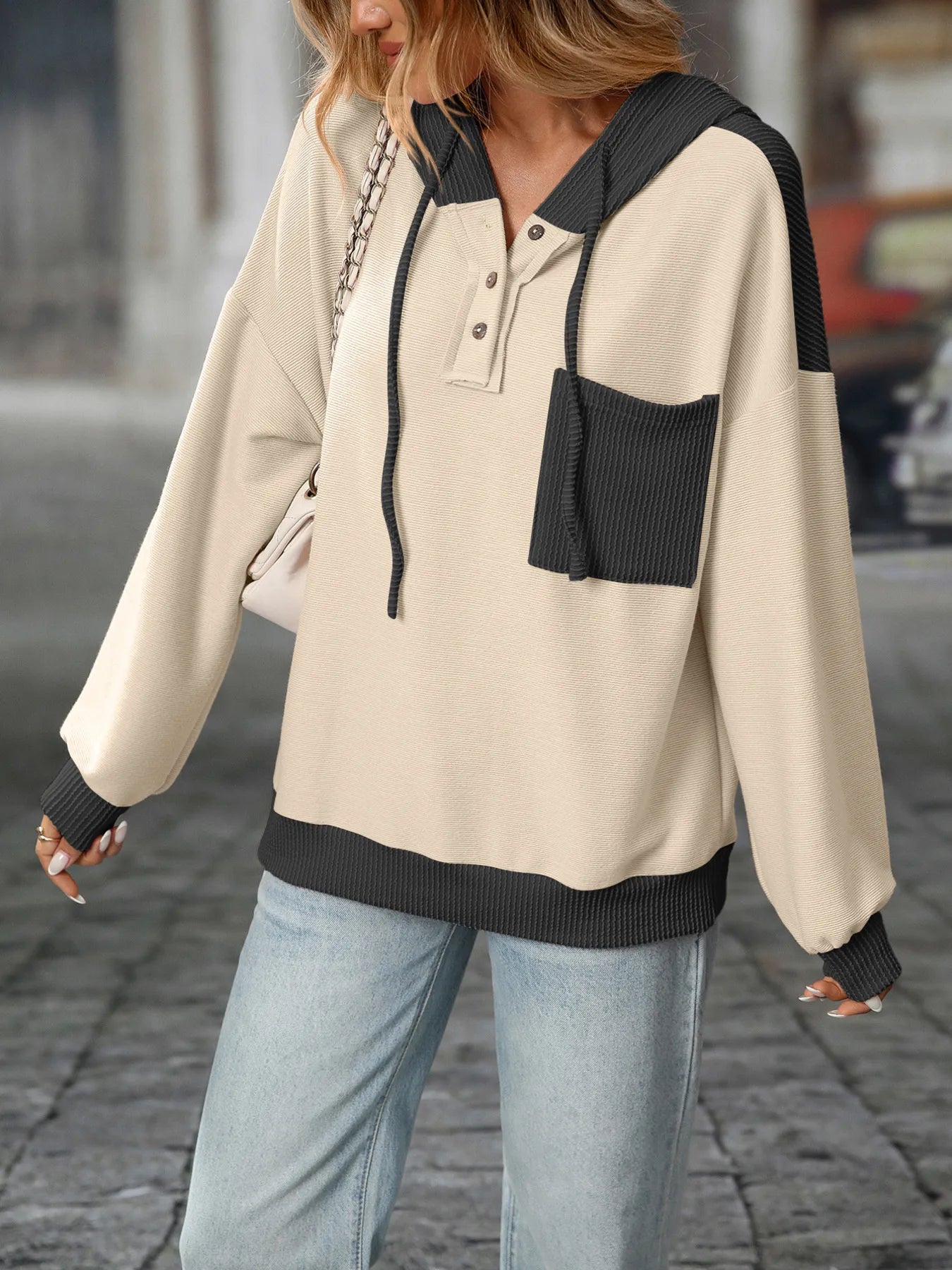 Trendsi Drawstring Button Detail Long Sleeve Hoodie