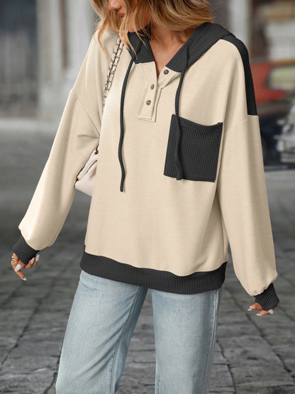 Trendsi Drawstring Button Detail Long Sleeve Hoodie