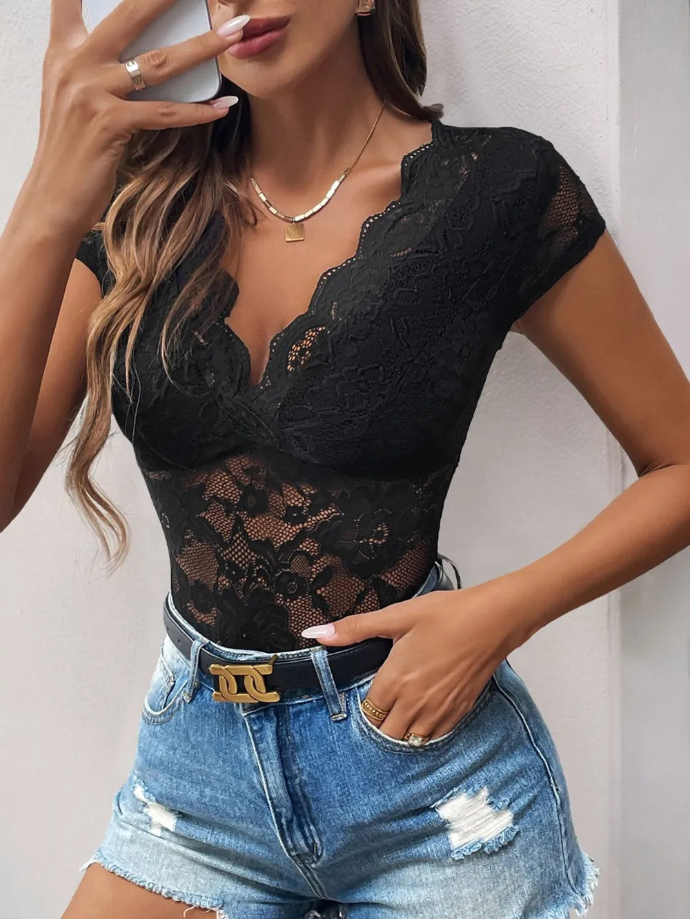 Trendsi Perfee Lace V-Neck Cap Sleeve Bodysuit