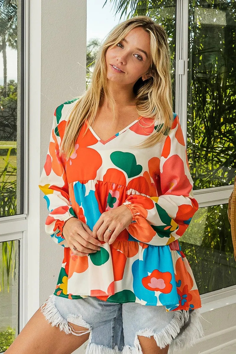 Trendsi BiBi Floral Woven Tiered V Neck Top