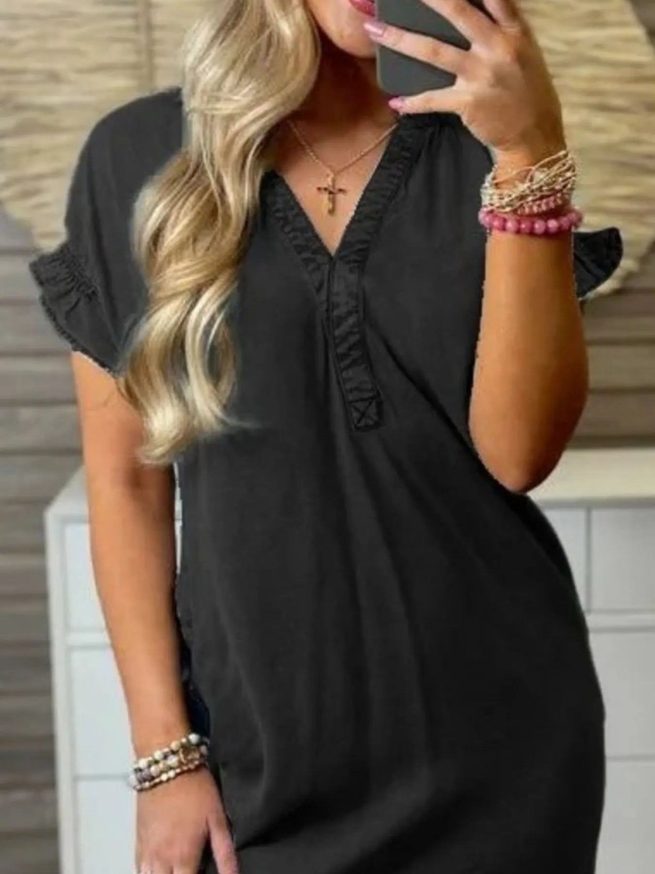 Full Size V-Neck Short Sleeve Denim Dress Plus Size Easy Apparels