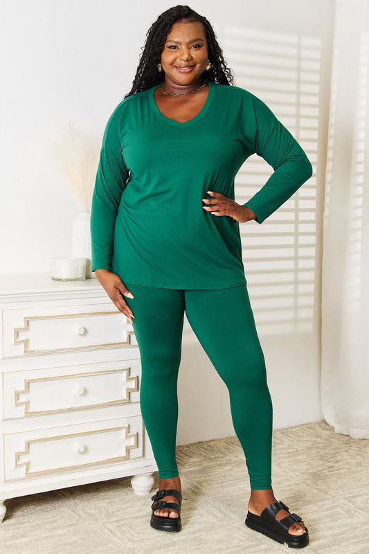 Zenana Lazy Days Full Size Long Sleeve Top and Leggings Set Dark Green Easy Apparels