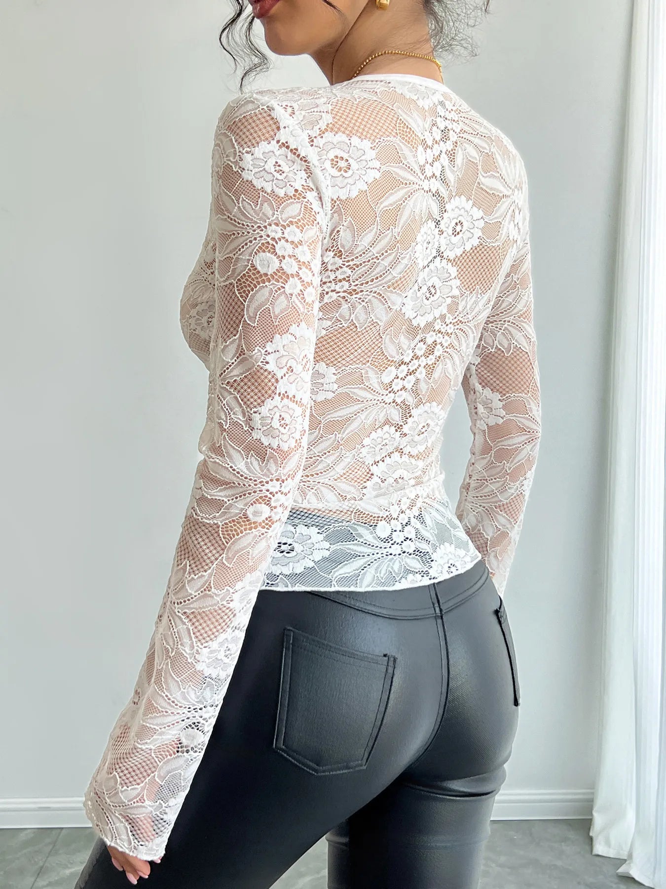 Trendsi Lace Deep V-Neck Long Sleeve T-Shirt