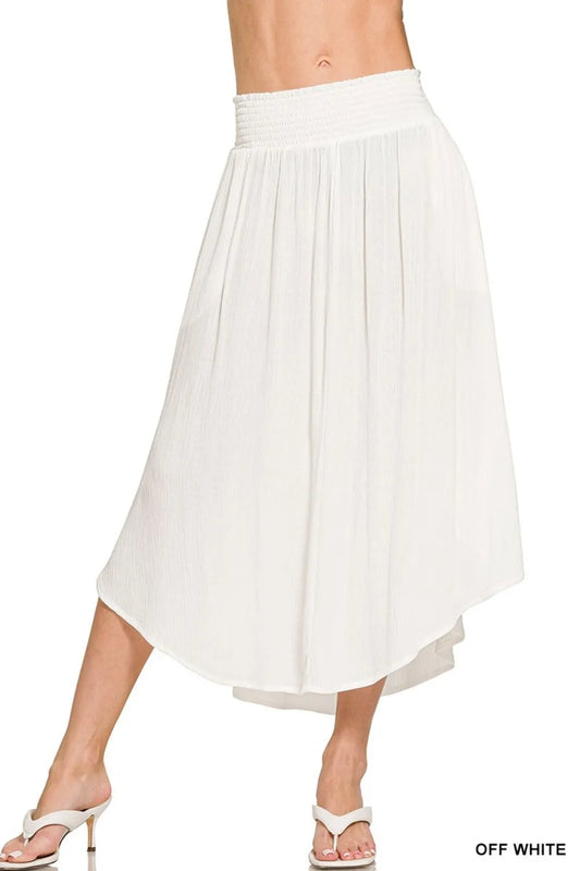 Zenana Woven Crinkle Smocked Waist Maxi Skirt W Pockets OFF WHITE Easy Apparels