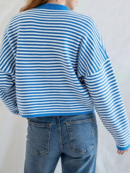 Striped Button Front Long Sleeve Cardigan Easy Apparels