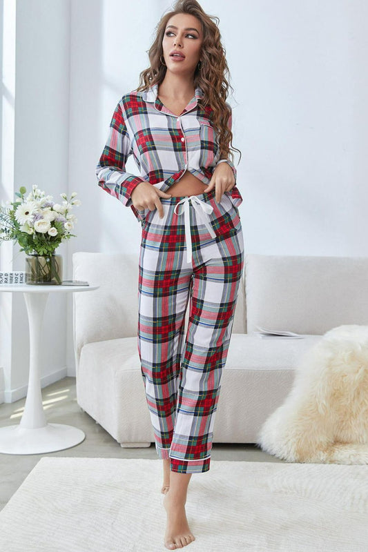 Plaid Button Front Top and Pants Lounge Set Plaid Easy Apparels