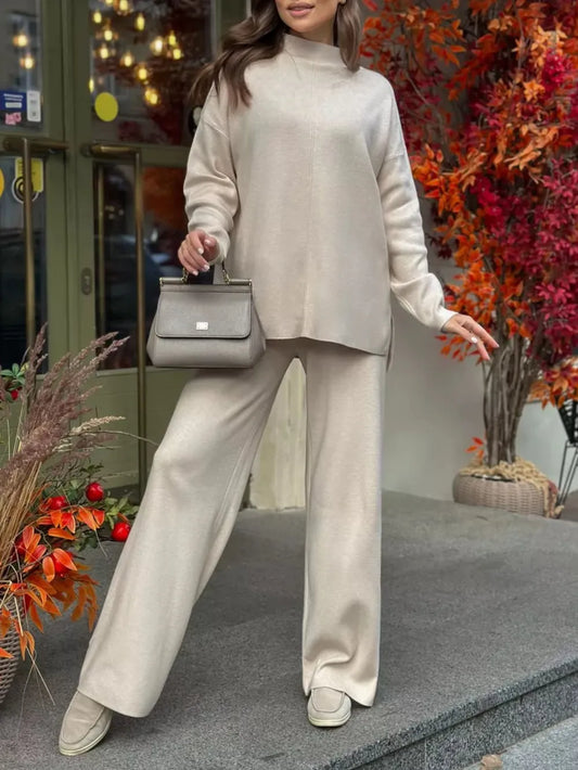 Slit Mock Neck Top and Pants Sweater Set Dust Storm Easy Apparels
