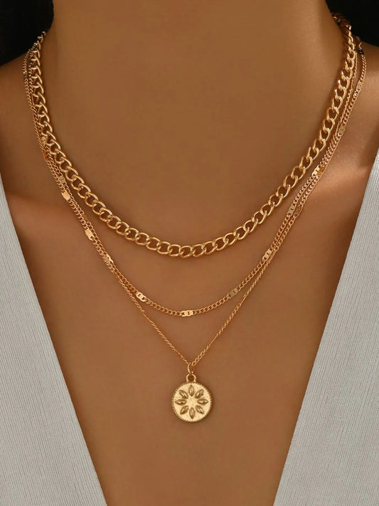 18K Gold-Plated Layered Necklace with Sun Medallion Pendant Gold One Size Easy Apparels
