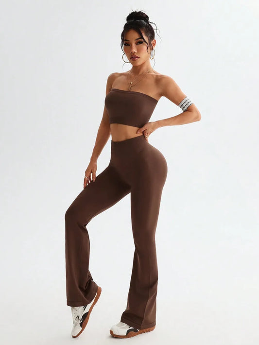Tube Top and High Waist Flare Pants Active Set Brown Easy Apparels