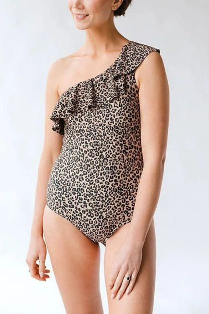 Full Size Ruffled Leopard Single Shoulder One-Piece Swimwear Easy Apparels