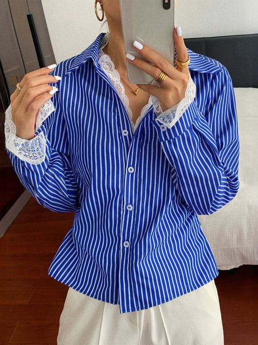 Trendsi Striped Button-Down Shirt with Lace Detail Blue