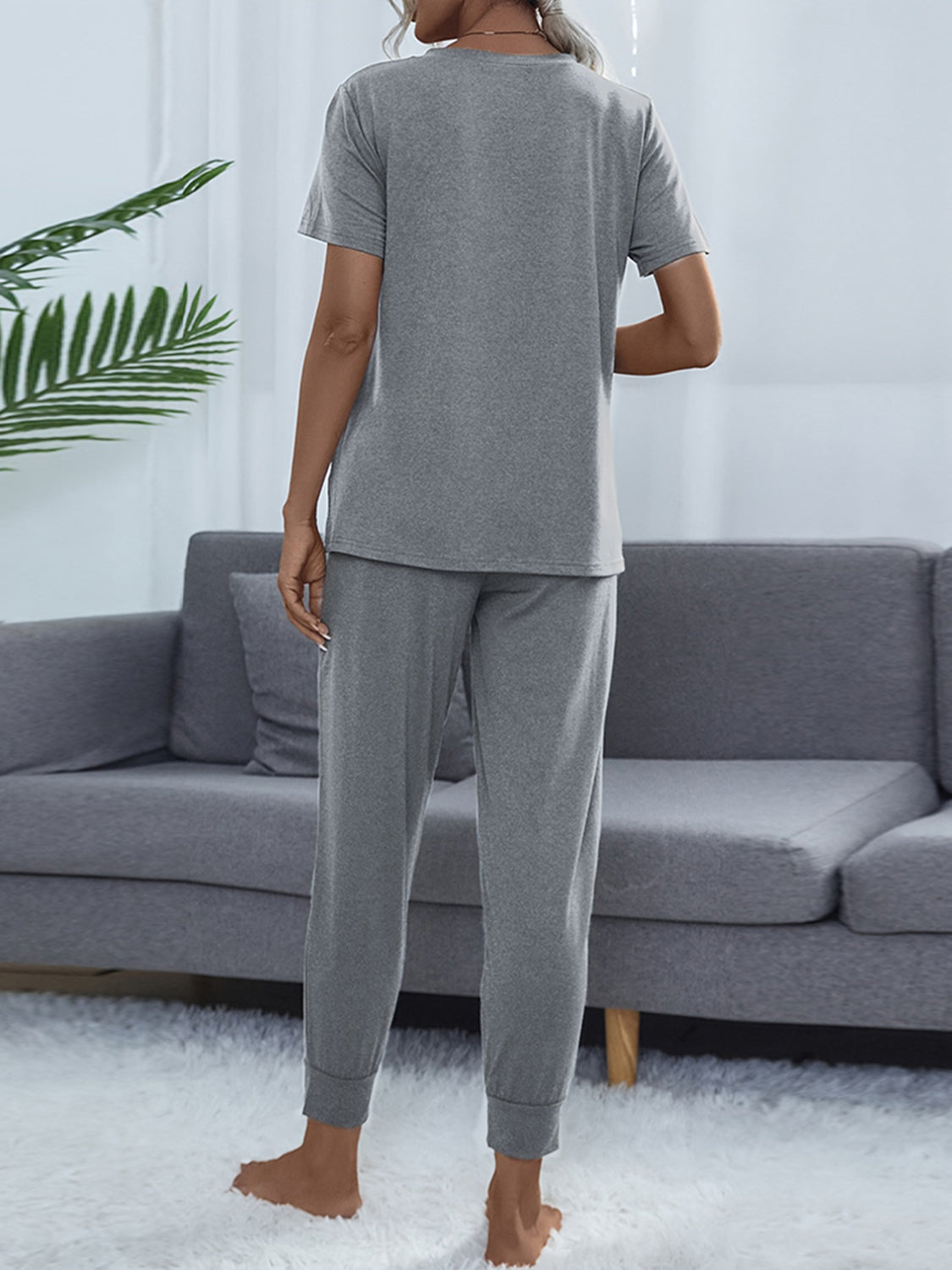 Shiny Round Neck Short Sleeve Top and Pants Set Easy Apparels