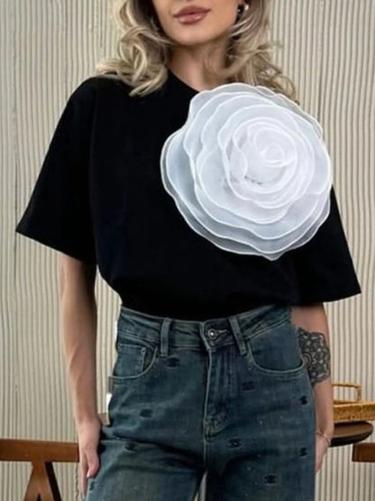 Trendsi Flower Round Neck Short Sleeve T-Shirt Black