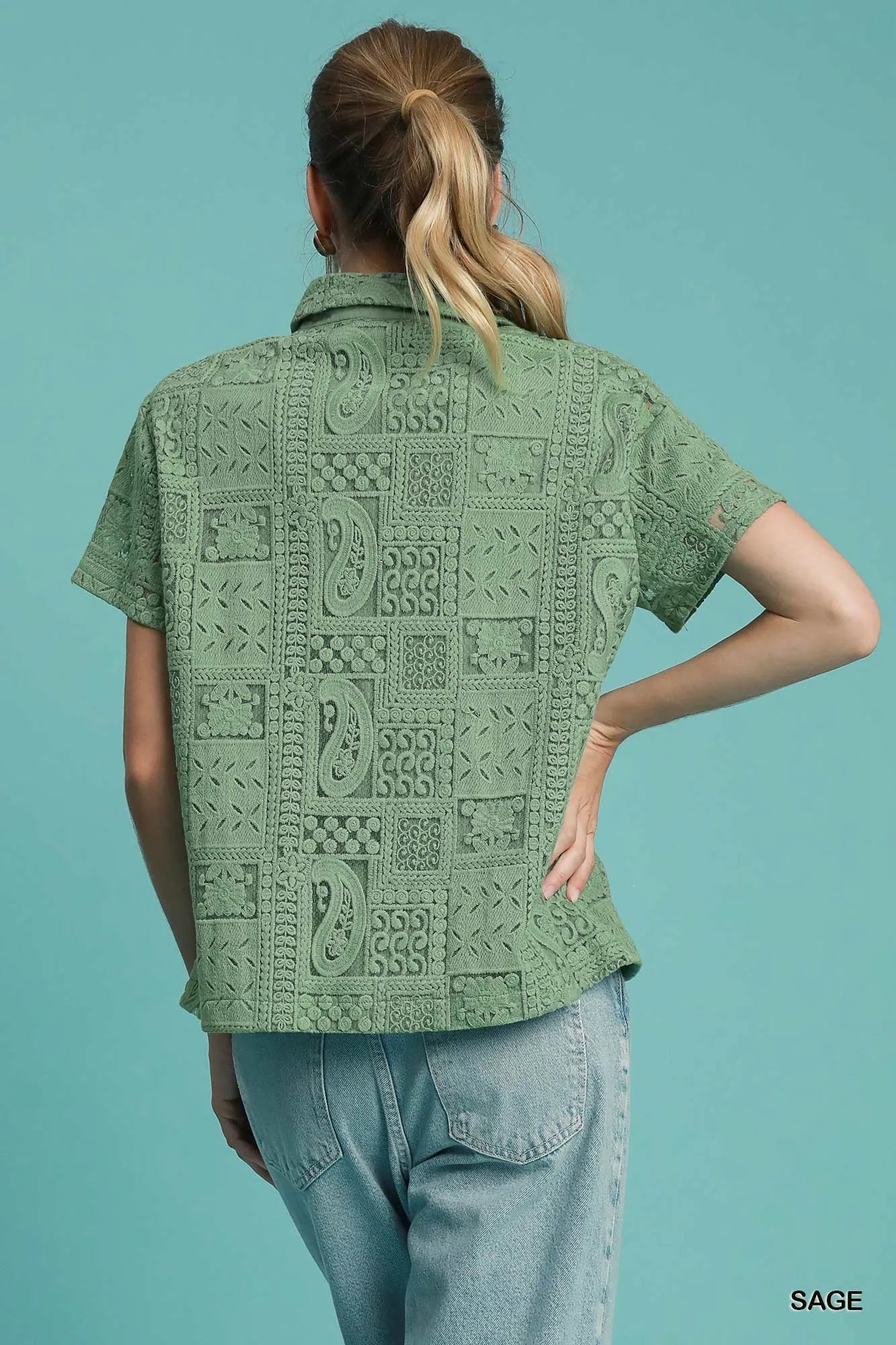 Trendsi Umgee Patch Lace Short Sleeve Button Down Shirt
