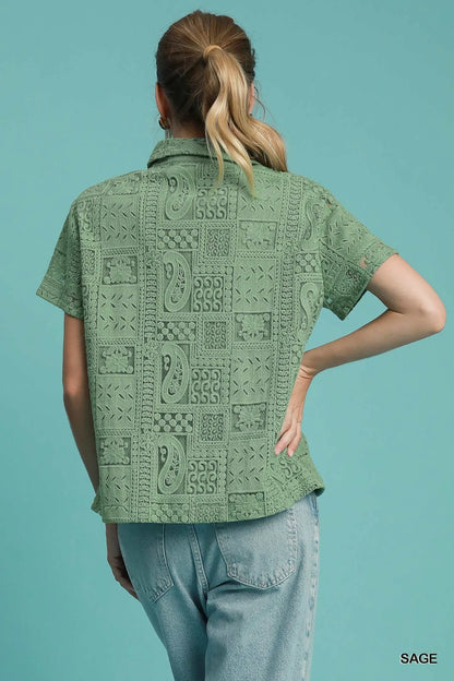 Trendsi Umgee Patch Lace Short Sleeve Button Down Shirt