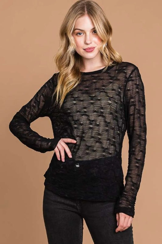 Trendsi Culture Code Full Size Round Neck Mesh Perspective Top Black