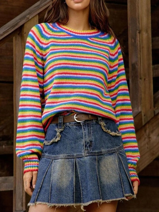 Trendsi Rainbow Striped Pullover Sweater Blue