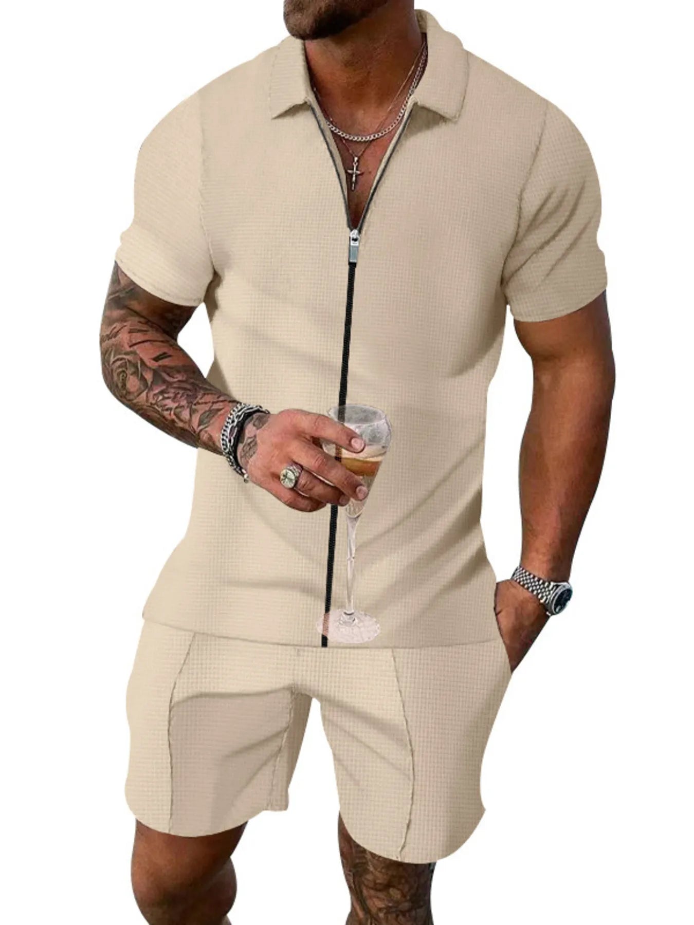 Men's Plus Size Zip Up Short Sleeve Top and Shorts Set Khaki Easy Apparels