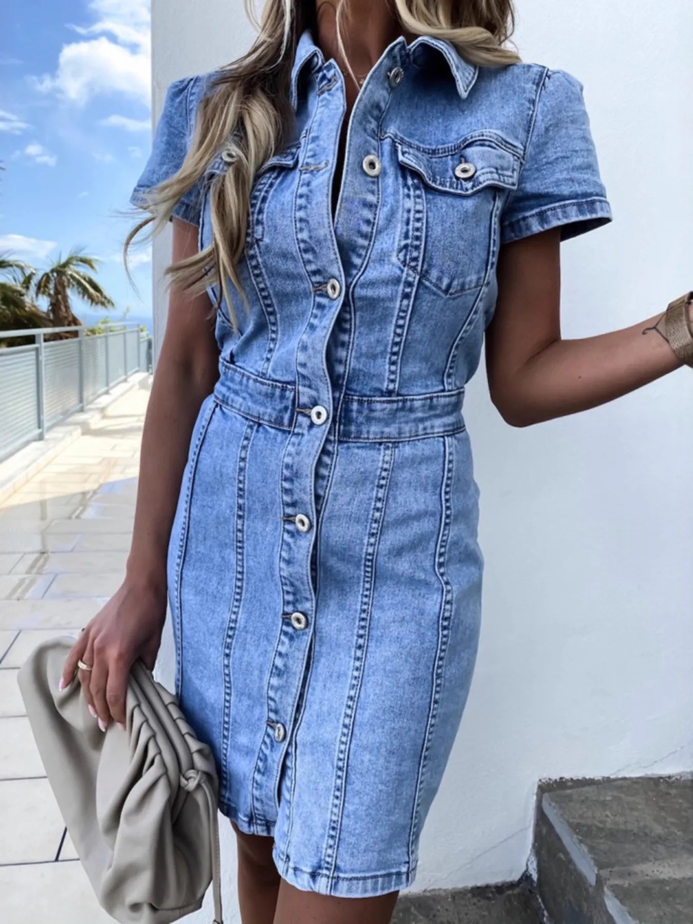 Button Front Short Sleeve Denim Dress Easy Apparels