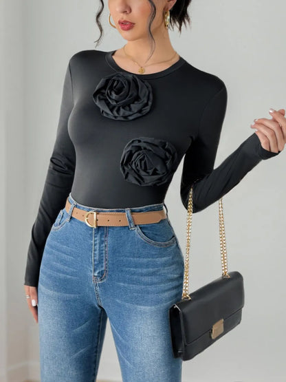 Trendsi Perfee Flower Round Neck Long Sleeve Bodysuit