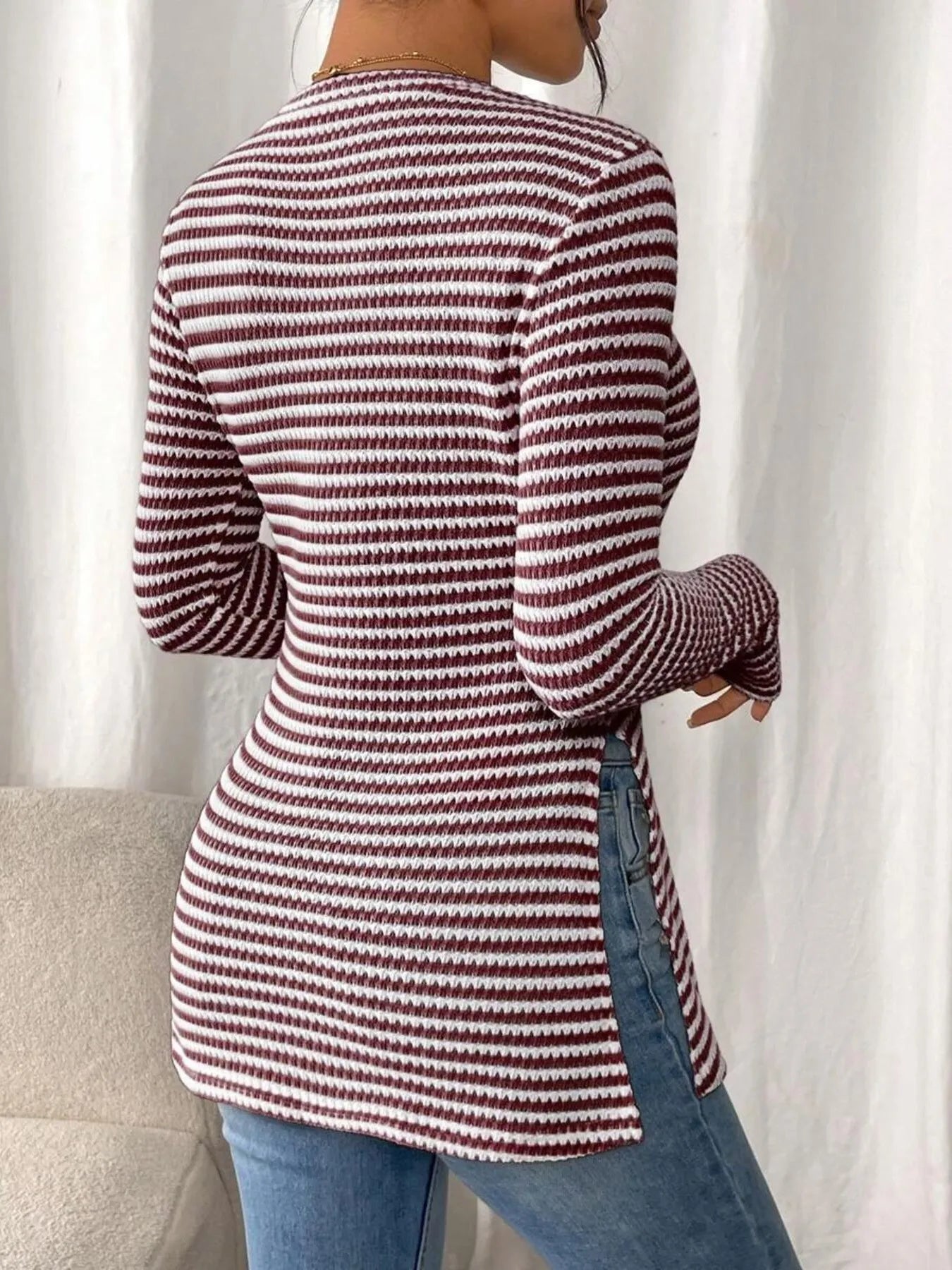 Trendsi Side Slit Striped Long Sleeve T-Shirt