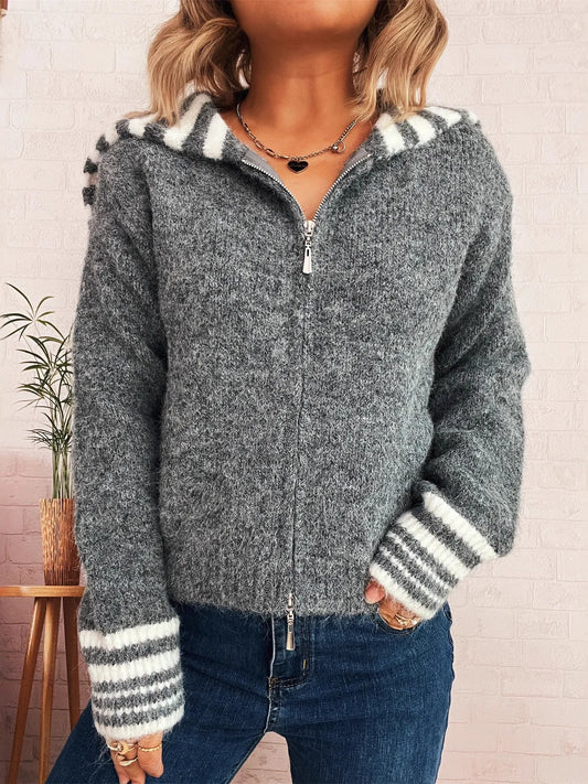Striped Zip-Up Cardigan Gray One Size Easy Apparels