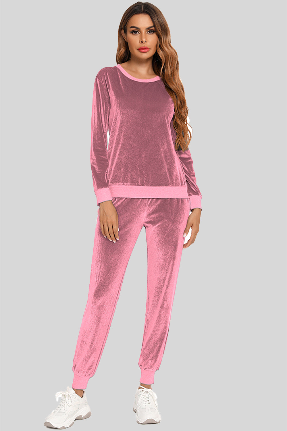 Round Neck Long Sleeve Loungewear Set with Pockets Dusty Pink Easy Apparels