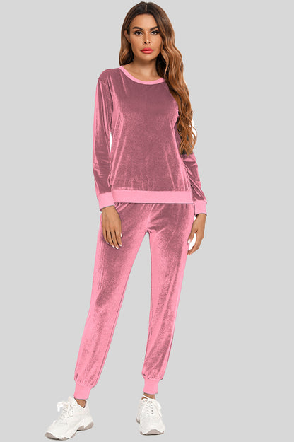 Round Neck Long Sleeve Loungewear Set with Pockets Dusty Pink Easy Apparels