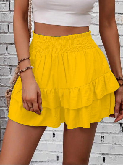 Ruffle Layered High Waist Casual Skort Yellow Easy Apparels