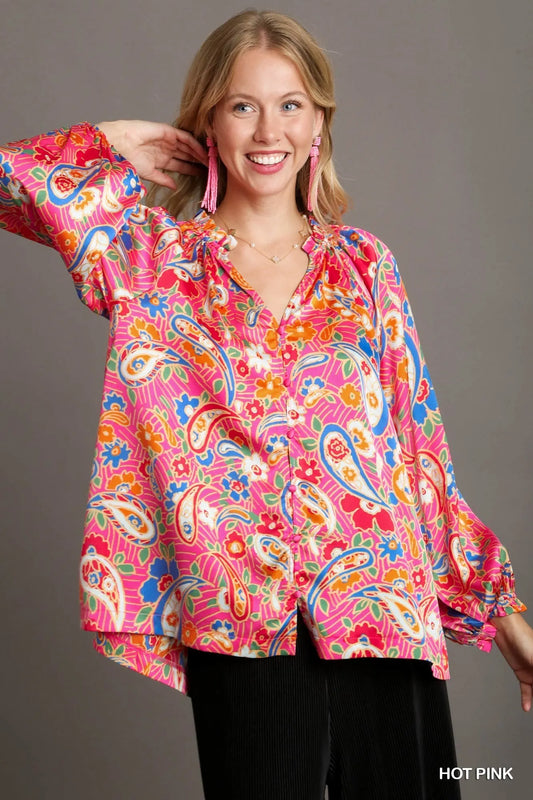 Trendsi Umgee Full Size Satin Paisley Ruffle Neck Button-Up Shirt Plus Size Hot Pink