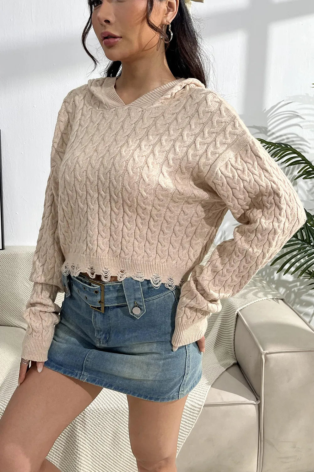 Cable-Knit Dropped Shoulder Hooded Sweater Easy Apparels