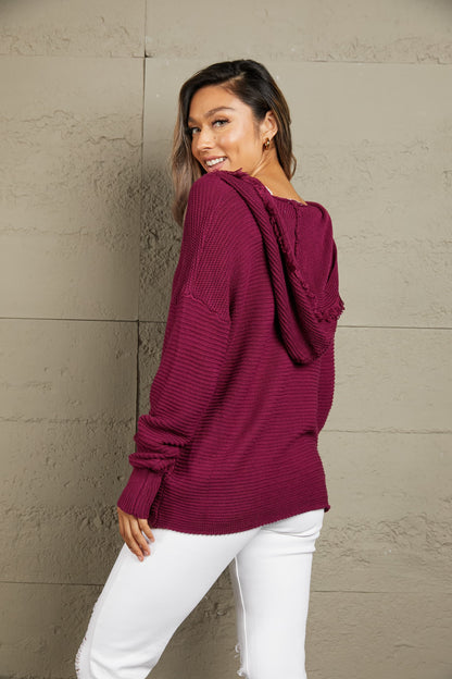 Woven Right Horizontal Ribbing Fringe Trim Hooded Sweater Easy Apparels