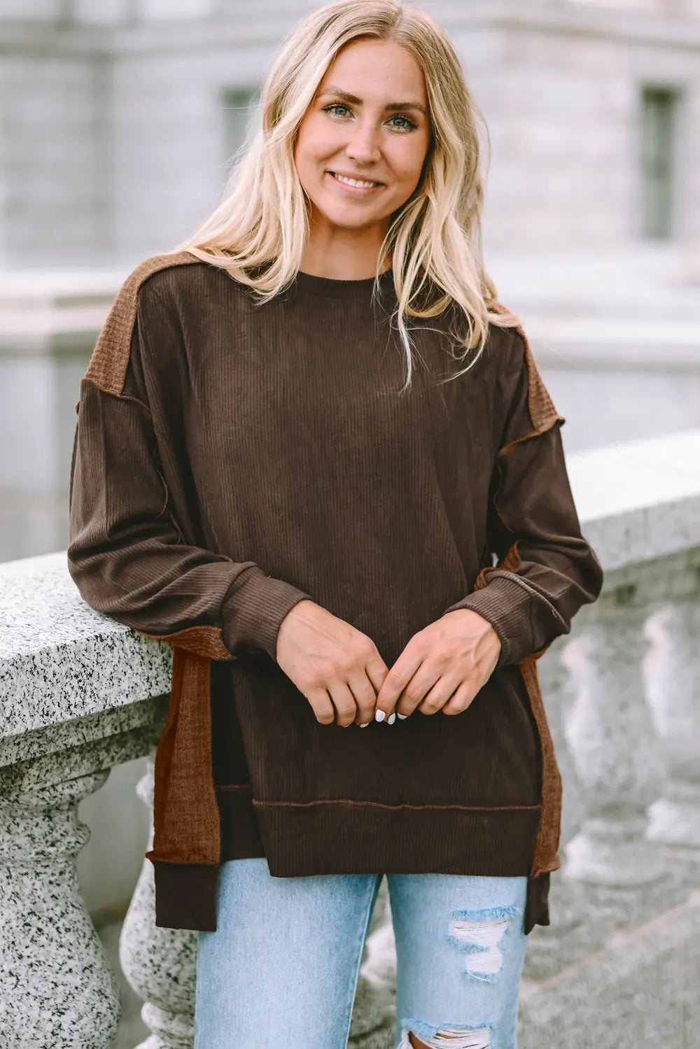 Trendsi Ribbed Exposed Seam Dropped Shoulder Blouse Chestnut