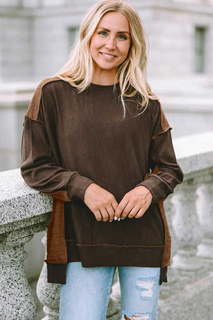 Trendsi Ribbed Exposed Seam Dropped Shoulder Blouse Chestnut