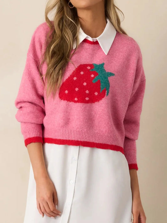Trendsi Strawberry Round Neck Long Sleeve Sweater