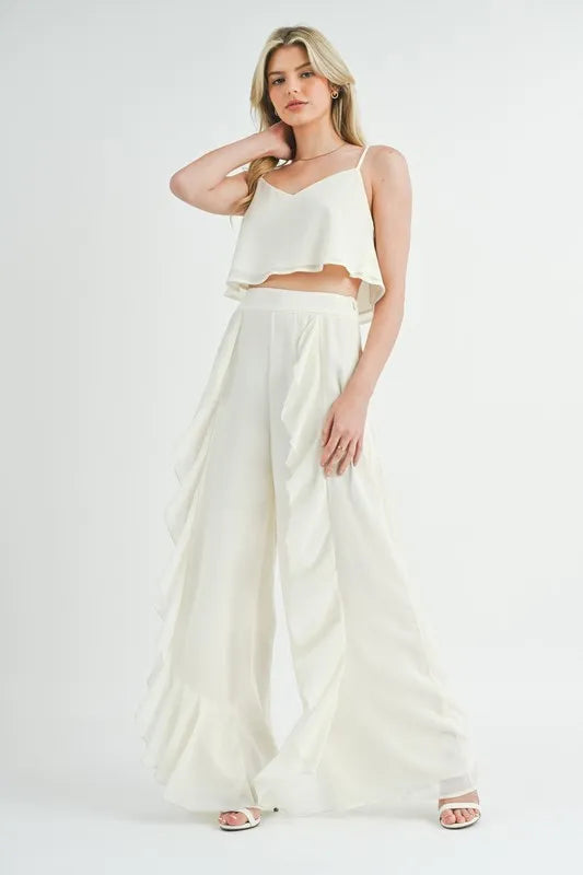 MABLE Crop Cami and Ruffled Wide Leg Pants Set Cream Easy Apparels