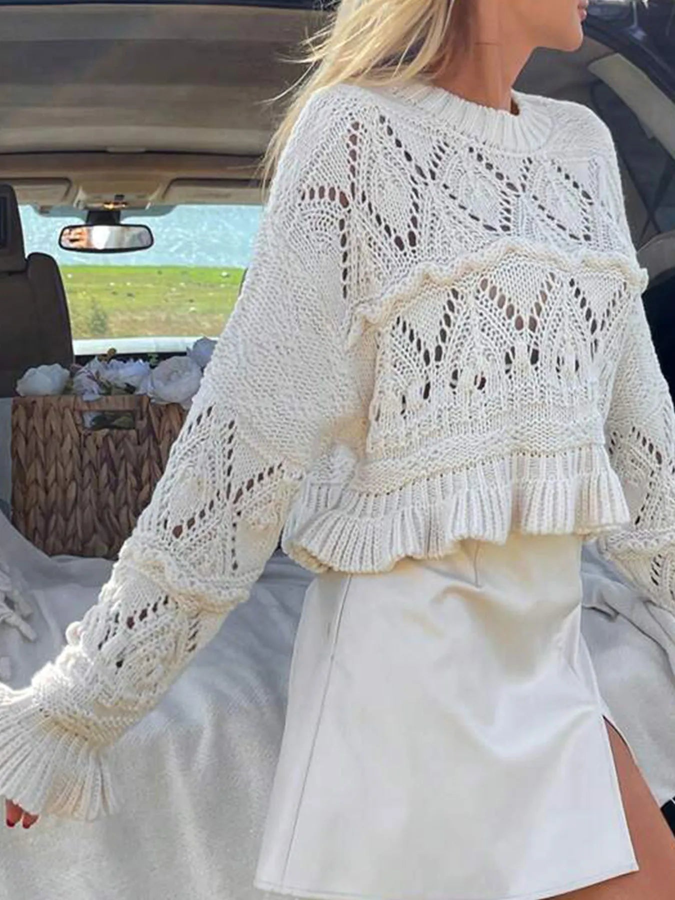 Trendsi Crochet Ruffled Hem Long Sleeve Sweater