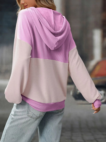 Trendsi Drawstring Button Detail Long Sleeve Hoodie