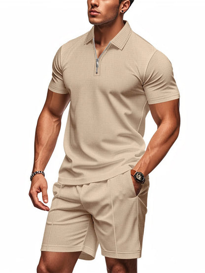 Men's Plus Size Quarter Zip Short Sleeve Top and Shorts Set Beige Easy Apparels