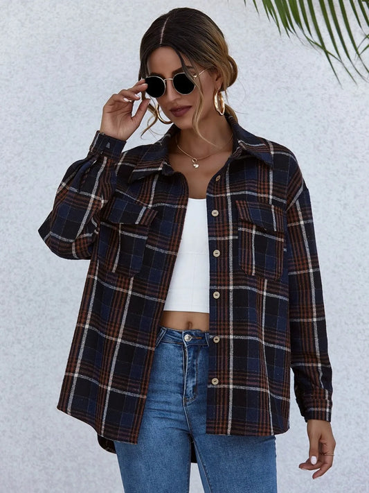 Trendsi Plaid Button-Up Long Sleeve Shirt Dark Navy