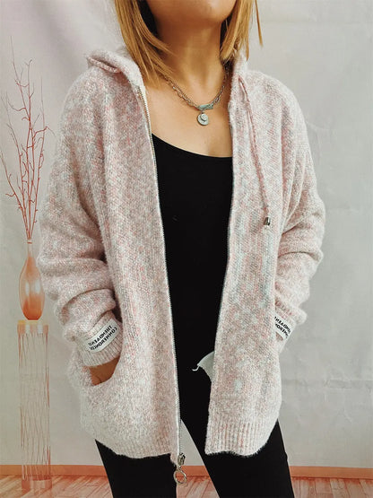 Zip Up Drawstring Long Sleeve Hooded Sweater Blush Pink Easy Apparels