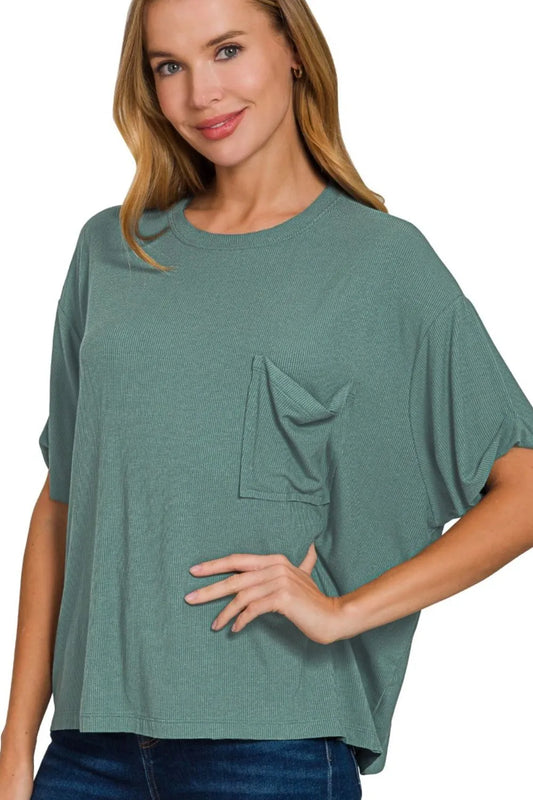 Trendsi Zenana Oversized Ribbed Round Neck Short Sleeve Tee ASH JADE