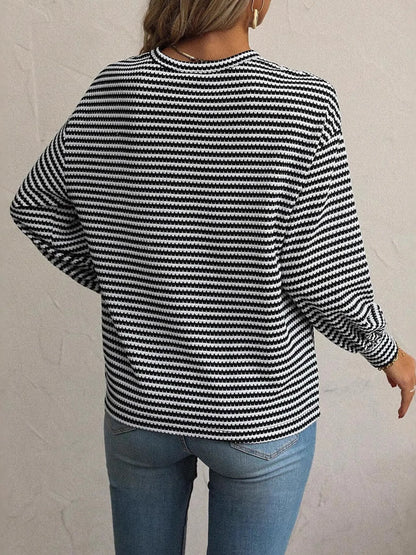 Trendsi Striped Round Neck Lantern Sleeve Top