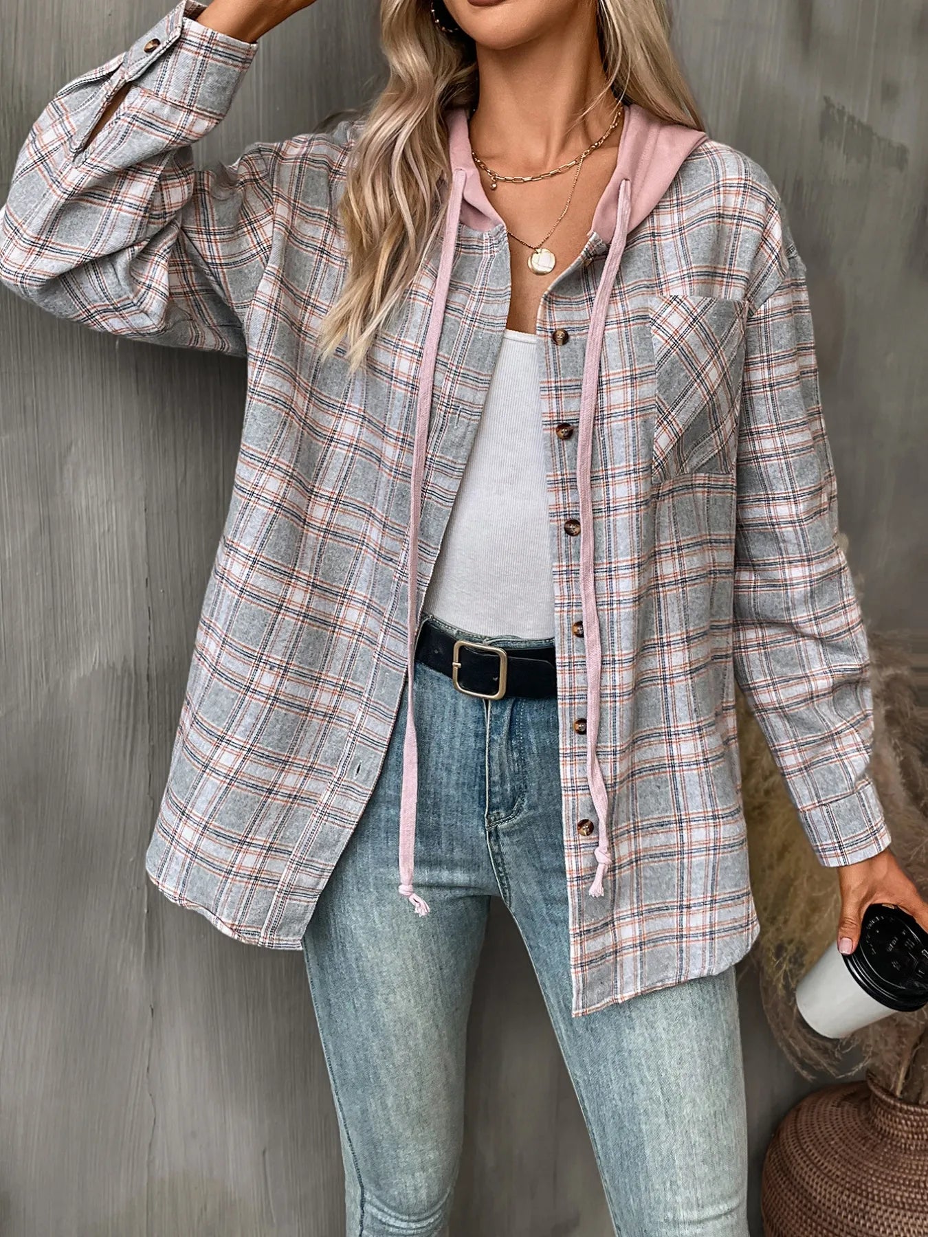 Trendsi Plaid Button-Up Hooded Shirt Grey