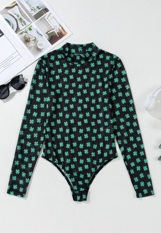 Trendsi Lucky Clover Mock Neck Long Sleeve Bodysuit
