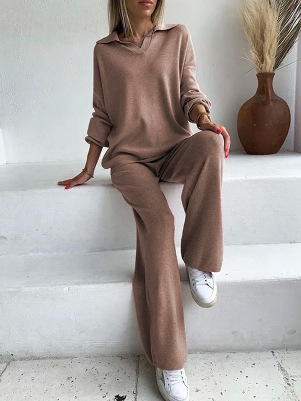 Johnny Collar Long Sleeve Top and Pants Sweater Set Easy Apparels