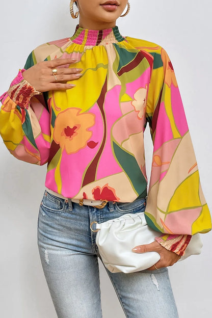 Trendsi Floral Smocked Lantern Sleeve Mock Neck Blouse