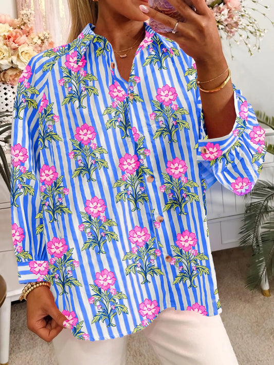Trendsi Floral Striped Button-Down Shirt