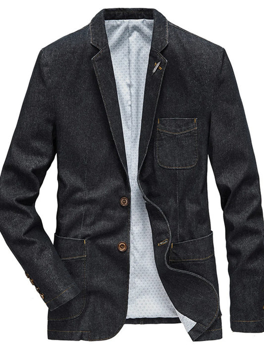 Men's Plus Size Lapel Collar Long Sleeve Denim Blazer Black Easy Apparels