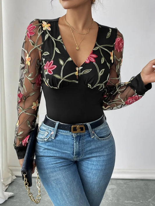 Trendsi Perfee Embroidered V-Neck Long Sleeve Bodysuit Black